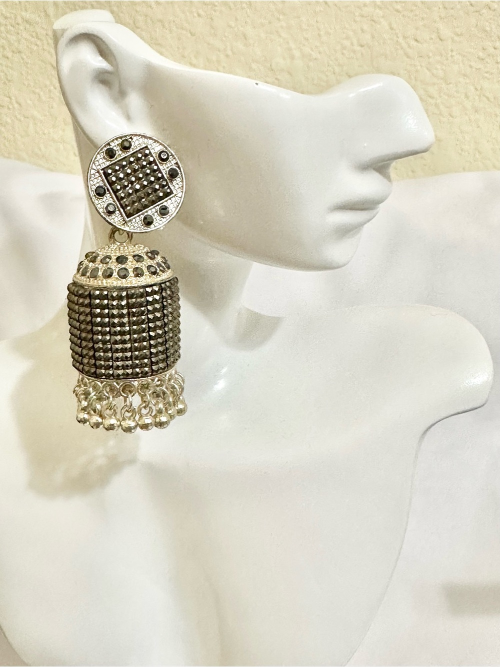 Vintage Inspired Silver and Gunmetal Jhumka Drop Earrings